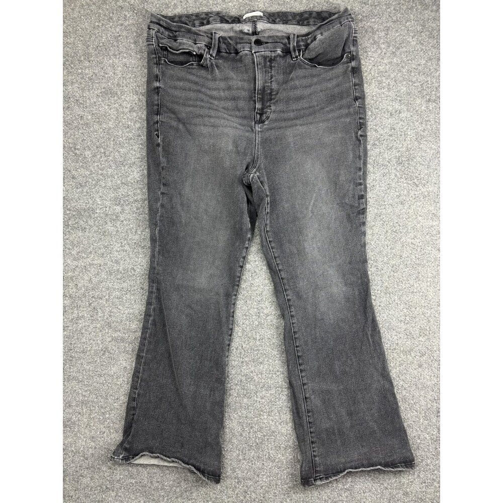 Good American Jeans Womens 18 Gray Black High Rise Flare Raw‎ Hem Stretch Denim